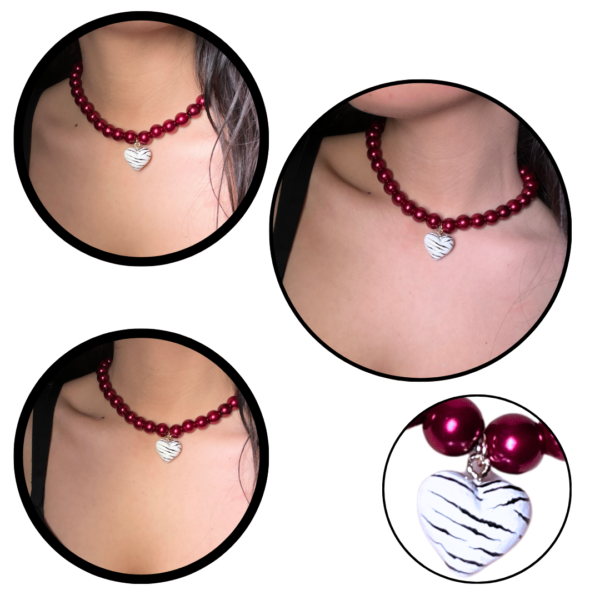 NASZYJNIK Z DUŻYCH BURGUNDOWYCH PEREŁ Z DUŻYM SERCEM ZEBRA