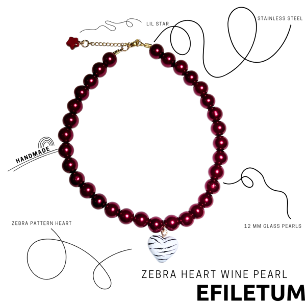 NASZYJNIK Z DUŻYCH BURGUNDOWYCH PEREŁ Z DUŻYM SERCEM ZEBRA